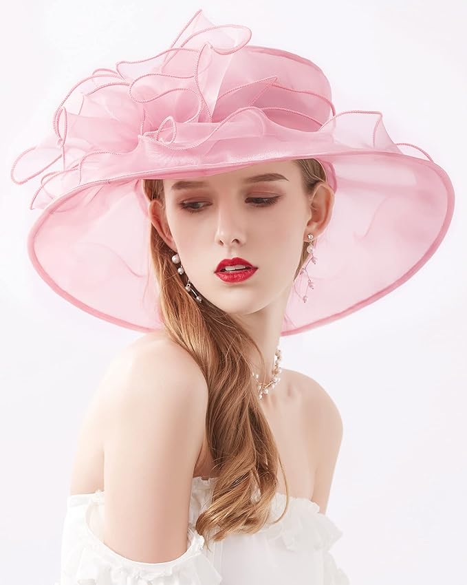 Organza Derby Hats for Women Wide Brim Fascinator Hat Rose Flower Wedding Tea Party Hat