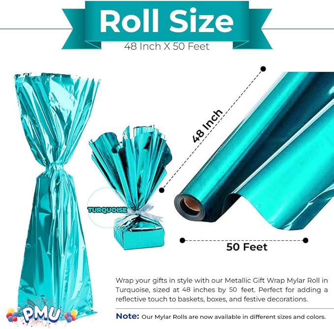 PMU Gift Wrap Mylar Roll Metallic Turquoise 2-sided, 48 Inches X 50 Ft Roll 1.4 Mil Highly Reflective Mylar Film, Great for Gifts, Birthdays, Christmas, Baskets, Arts & Crafts