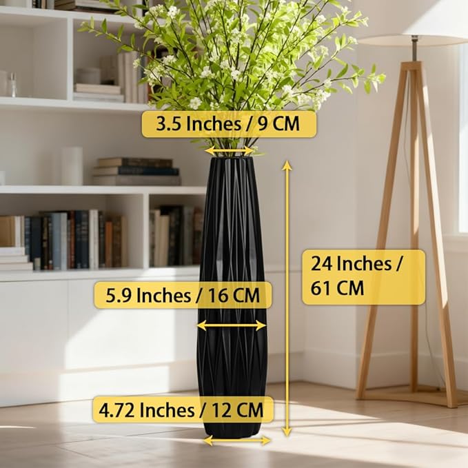 Tall Black Floor Vase – 24" Twisted Geometric Ceramic Vase for Modern Home, Living Room, Table Centerpiece or Corner Decoration