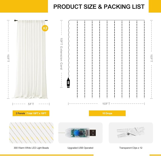 Tulle Curtain Backdrop with 300 LED Fairy Lights for Parites Wrinkle-Free Sheer Curtain Drapes Photo Back Drop for Wedding Baby Shower Bridal Shower Birthday Home Décor - 10ft×10ft, Ivory