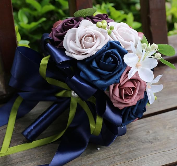 Lightweight Bridal Wedding Bouquet Round Holding Bouquet Throw Toss Artificial Rose Flower Bunch for Bride Bridesmaid Wedding Quinceanera (Navy, Smoky Rose, Light Taro & Dark Puce, 6.7")