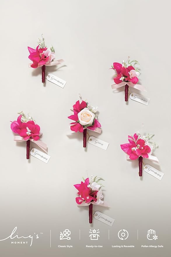 Ling's moment Boutonniere for Men, 6pcs Groom Groomsmen Boutonniere, Artificial Flowers for Wedding Decor/Prom/Homecoming, etc.Blush Hot Pink