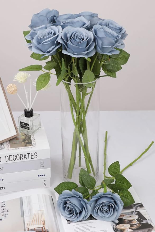 12pcs Roses Artificial Flowers Dusty Blue Silk Roses with Long Stems Fake Flowers for Wedding Bouquet Centerpices Decorations Party Bridal Baby Shower Home Decor