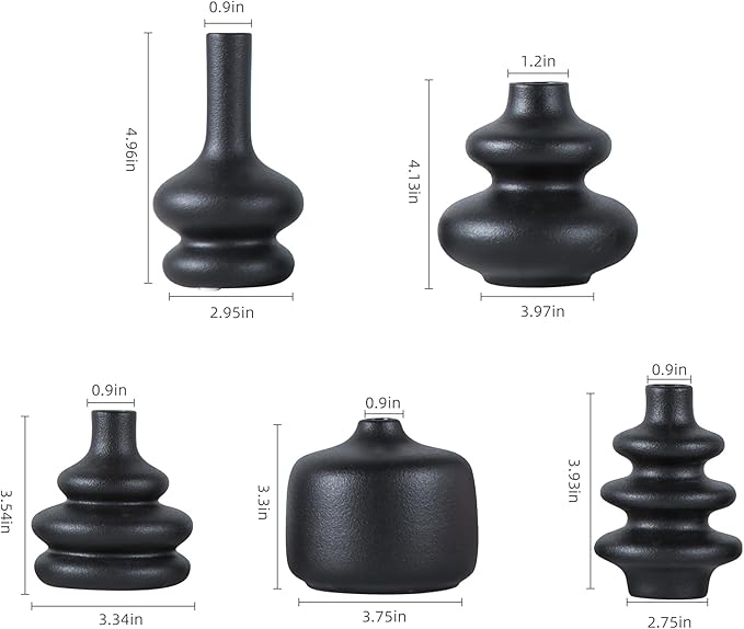 Black Ceramic Bud Vase, Small Vase Set of 5, Mini Vases in Bulk for Flower, Decorative Vase for Home Decor, Boho Vases for Wedding Decorations Living Room Dining Table Shelves Decor