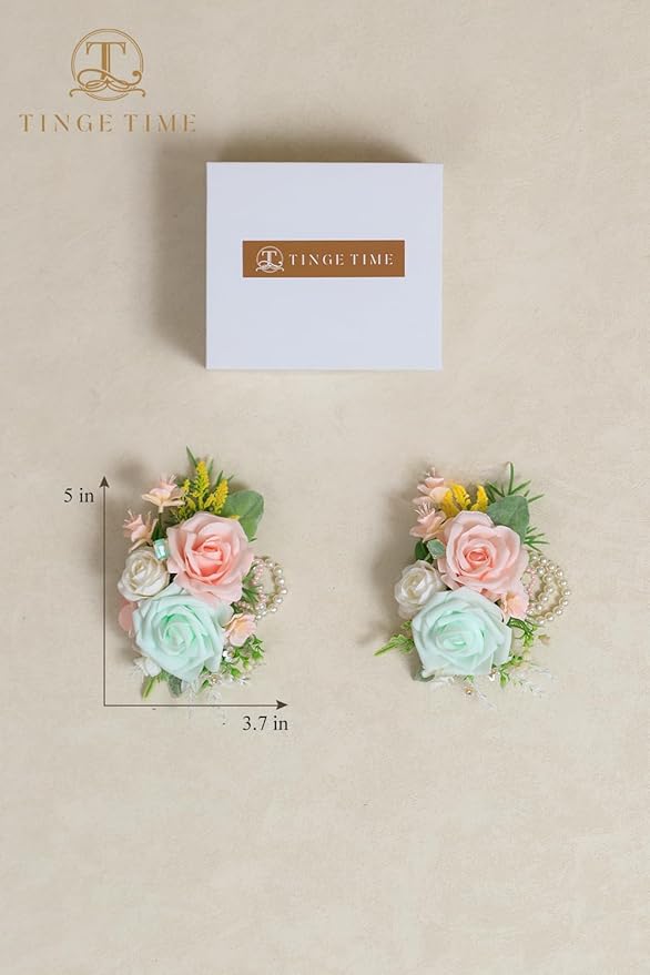 TINGE TIME Set of 2 Wrist Corsage Bracelets Pearl Wristlet Band Bridesmaid Bracelet for Wedding Ceremony Bridal Shower Wedding Artificial Flower Prom (MintGreen&Pink)