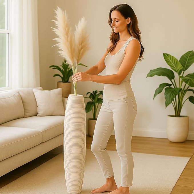 Leewadee Large White Home Decor Floor Vase - Wooden 34 inch Tall Farmhouse Decor Flower Holder for Fake Plant and Pampas Grass