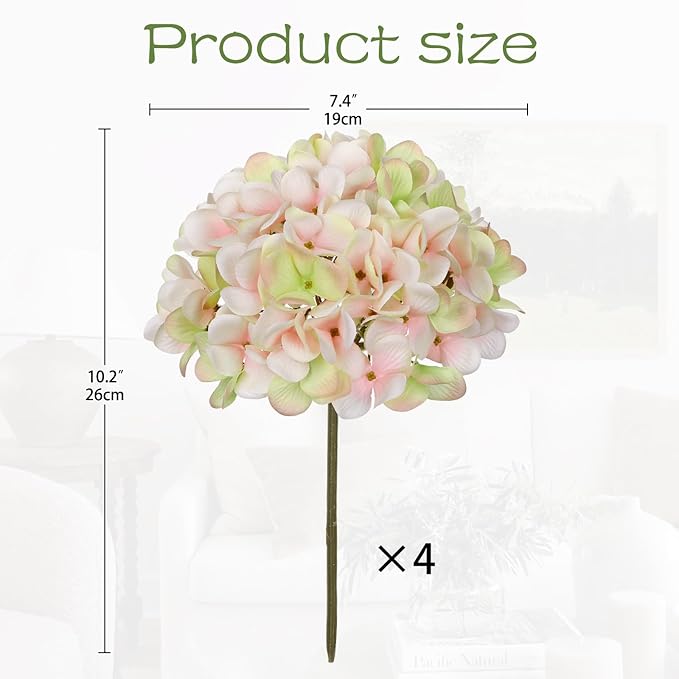 Hollyone Pink Green Silk Hydrangea Artificial Flowers Heads 7.4inch Large Fake Hydrangea 4Pcs Full Faux Flowers with Stems for Wedding Party Table Centerpieces Flower Arrangement Home Decor
