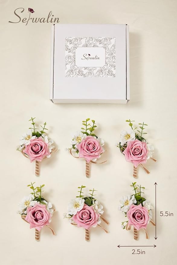 Serwalin 6PCS Pink Rose Boutonniere for Men Wedding Groom Groomsmen Best Man Boutonniere for Wedding Ceremony Anniversary Prom Flowers Formal Dinner Party