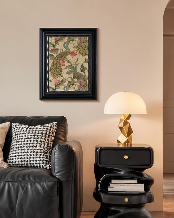 WHASAYART Vintage 3D Textured Framed Wall Art, Peacock Vine with Poppies Floral Print, Large Bird Sandstone Panel Print 16x20 inch Artwork, Rustic Retro Bedroom Living Room Home Office Decor