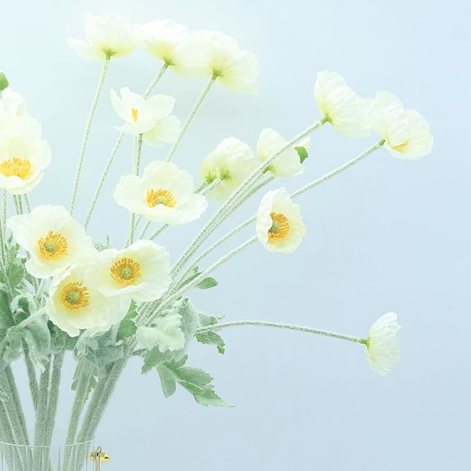 2 Pcs Artificial Fake Flowers Plants Poppies Silk Flower Arrangements Wedding Bouquets Decorations Plastic Floral Table Centerpieces for Home Kitchen Garden Party Decor Approx 23.6" High - White