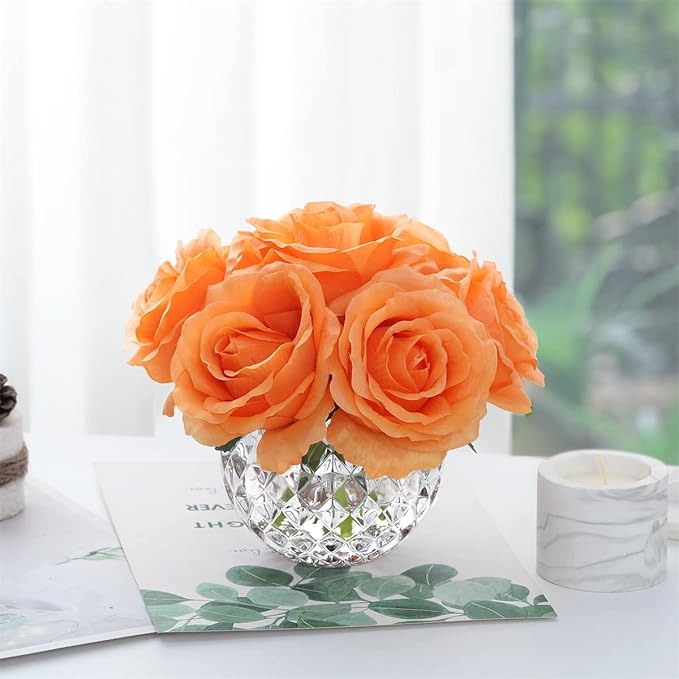 7 Large Stem Orange Rose Artificial Flowers in Vase, Silk Flowers Arrangement in Round Glass Vase Without Water for Home Decor, Wedding Table (Orange)