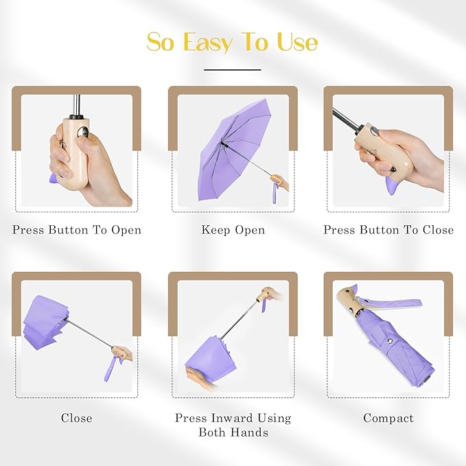 Cute Duck Umbrella Automatic - Compact Pretty Pocket Size Strong Duck Collapsible Umbrella Yellow Wooden Handle for Women