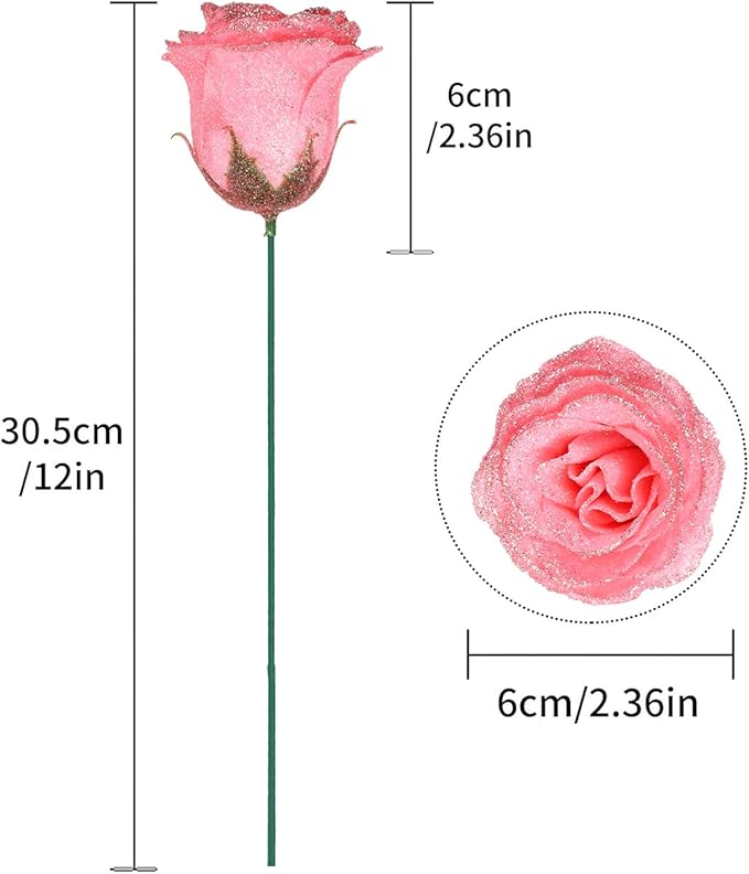 30PCS Glitter Roses Fake Peach Flowers Artificial Roses with Stems for Wedding Bouquet Party Christmas Home Decor(Peach with Silver Glitter)