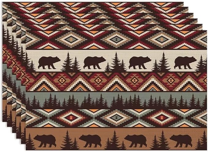 Rustic Lodge Bear Placemats Set of 6, Vintage Cabin Pine Cone Plaid Place Mats, Heat Resistant Non Slip Cotton Linen Dining Table Mats for Home Kitchen Party 18x12 Inch