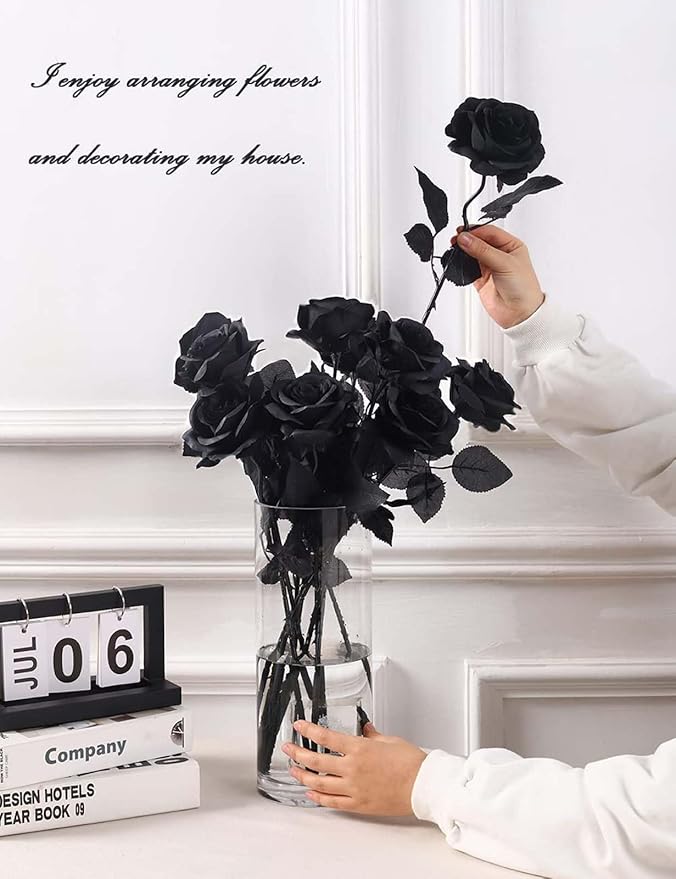 Laelfe 12 PCS Artificial Flowers Black Roses, Fake Silk Flower Long Stem Artificial Rose for Home Wedding Party Decorations(Black Halloween)