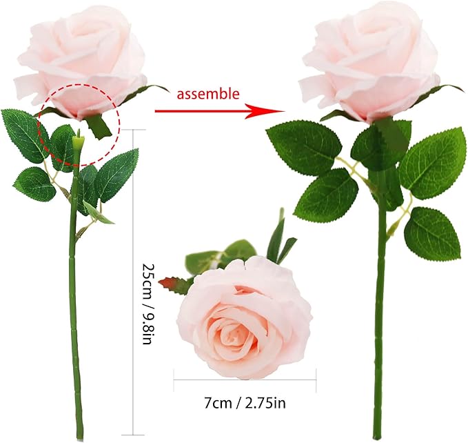 Felice Arts 12 Pack Light Pink Roses Baby Pink Artificial Flowers Silk Flowers with Stems Fake Flowers Bouquet for Wedding Centerpiece Table Vase Home Kitchen Party Valentines Decoration DIY Decor