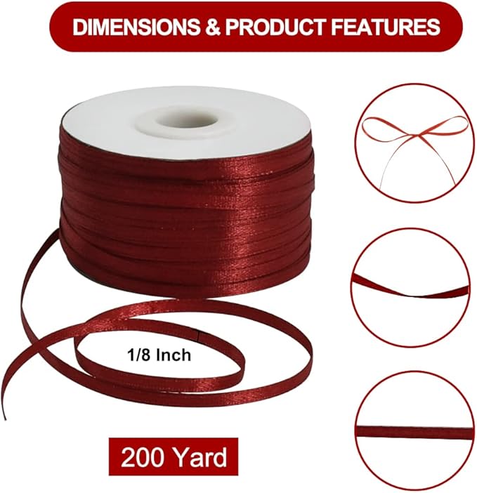 1/8 Inch x 200 Yards Deep Red Claret Thin Solid Satin Ribbon Spool Double Face Woven Fabric Ribbons for Crafts Hanging Tags Invitation Card Balloons Bouquet Hair Gift Wrapping Party Decoration