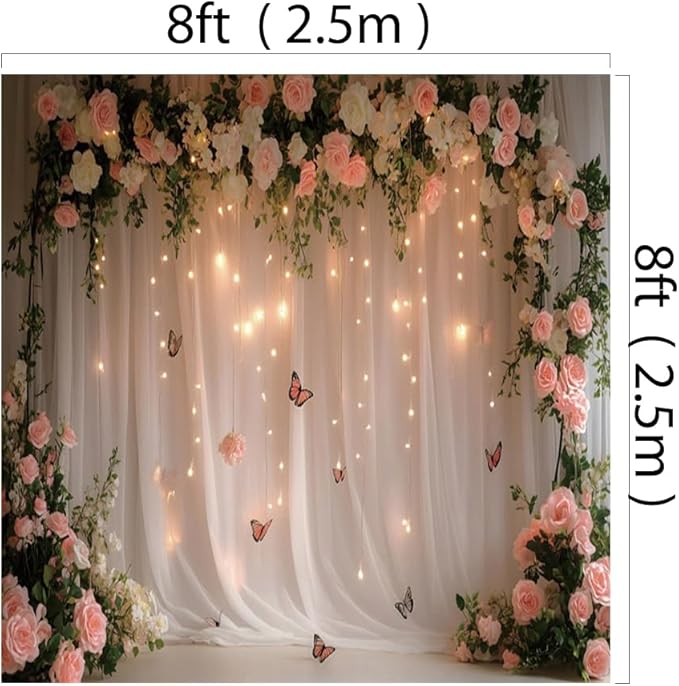 8x8ft Pink White Rose Flowers Wedding Backdrop White Curtain Glitter Light Butterfly Decoration Photography Background Children Baby Shower Birthday Party Backdrop for Video Studio Prop