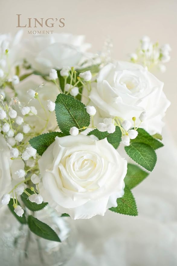Ling's moment Artificial Flowers 16pcs Ivory Silk Roses with Stems, 3.5" Fake Vendela Roses Bulk for DIY Wedding Bouquets Centerpieces Party Baby Shower Home Decoration