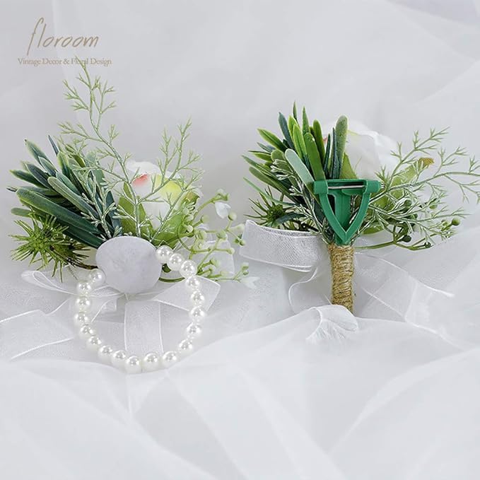 Floroom Ivory Rose Wrist Corsage Wristlet Band Bracelet and Men Boutonniere Set for White Wedding Flower Accessories Prom Suit Decorations