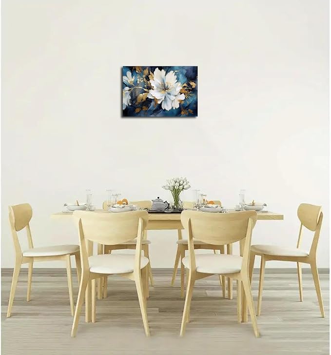 Asunygirl Flowers Wall Art Vintage Blue White Floral Canvas Pictures Abstract Botanical Modern Gold Blue Print Boho Wall Art Canvas Paintings Artwork for Bedroom Living Room Wall Decor 16x24 inch