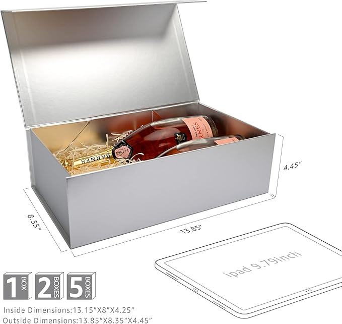 LIFELUM Gift Boxes with Lids, 1 Pack 13.8 x 8.3 x 4.4 inch Silver Gift Boxes with Ribbon, Card, Shredded Paper Filler for Presents, Graduation, Christmas, Birthdays