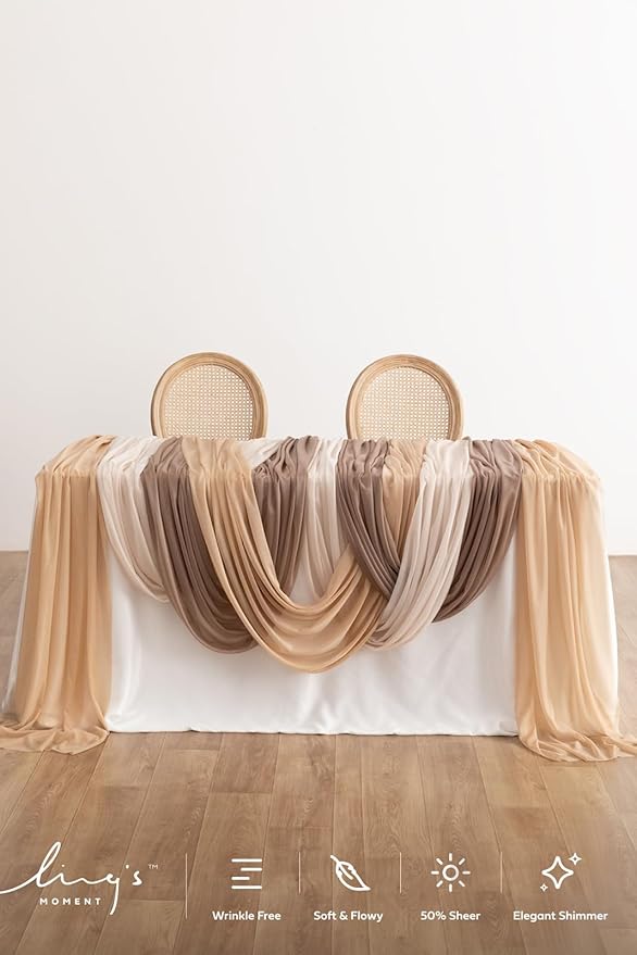 Ling's Moment Wedding Arch Draping Fabric 3 Panels 20Ft Chiffon Fabric,Sheer Draping Fabic for Wedding Arrangement Ceremony Reception Backdrop Party Swag Home Decor (Nude & Walnut Brown)