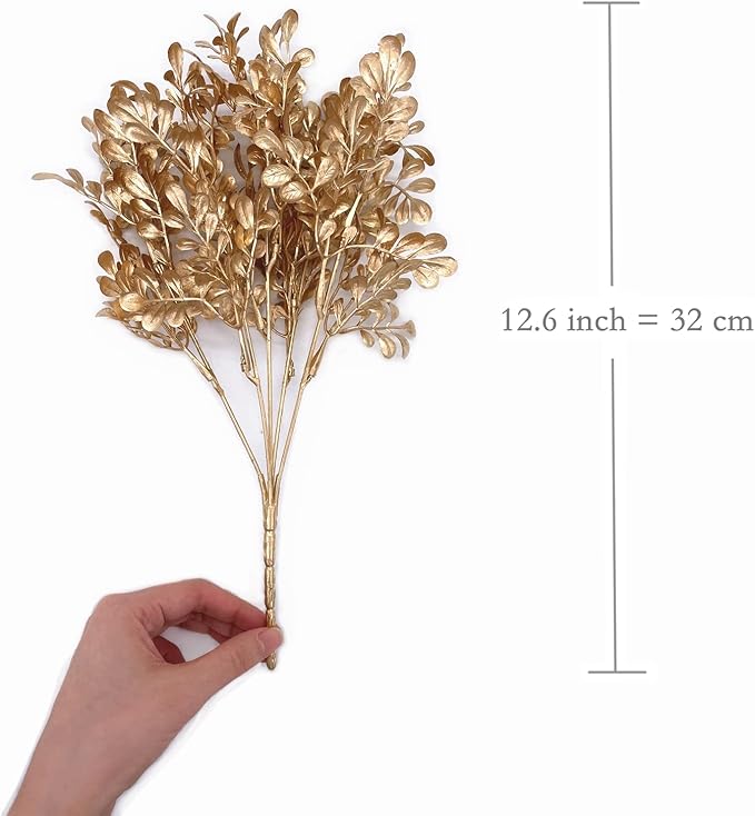 PASYOU Gold Artificial Plants Christmas Decorations, Golden Fake Flowers Bouquet Leaves Faux Foliage Home Garden Indoor Outdoor Party Hotel Verandah Wedding Event Decor Plastic Grass Shrubs - 4 Pack