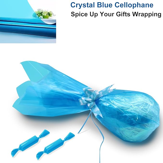 100 ft x 34 in Extra Wide Cellophane Wrap Roll Blue, Translucent Cellophane Roll for Gift Baskets Wrap, Colored Cellophane Wrapping Paper for Treats, Candies, Holiday, Birthday, Baby Shower Decoration