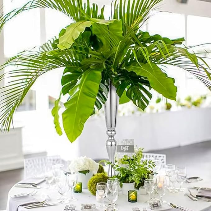Set of 2 Versatile Metal Tabletop Flower Stands, Silver Dining Table Centerpiece Vases, 21.9" Tall Trumpet Vases for Wedding Birthday Ceremony Party Special Event Home Décor