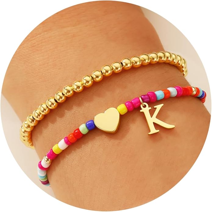 Ritach Christmas Gifts for Teens Girls Kids - 2PCS Colorful Heart Initial Bracelet Stackable Real Gold Plated Stretchable Beaded Bracelets for Teen Girls Kids Birthday Gifts Stocking Stuffers