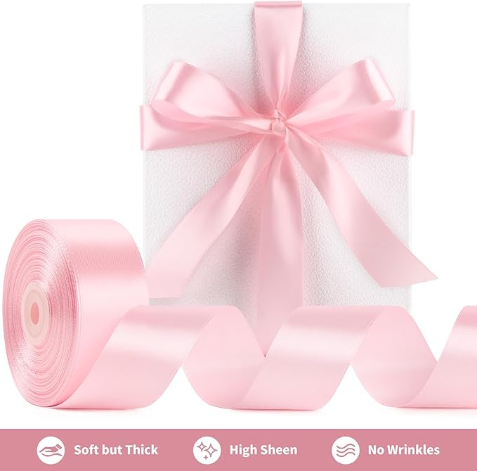 1-1/2 Inch Wide Baby Pink Satin Ribbon, 50 Yards Solid Polyester Fabric Ribbon for Roses Making, Gift Wrapping, Christmas, Wedding Decorations, Crafts, Bows, Flower Bouquets