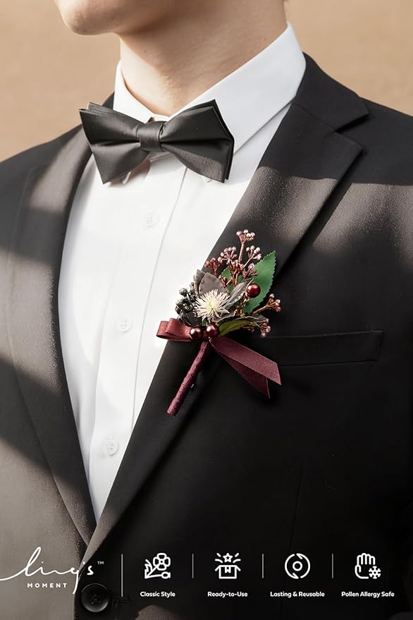 Ling's Moment Boutonniere for Men, 10pcs Groomsmen Guest Boutonniere, Artificial Flowers for Wedding Décor/Prom/Homecoming,etc.Black Baccara Burgundy
