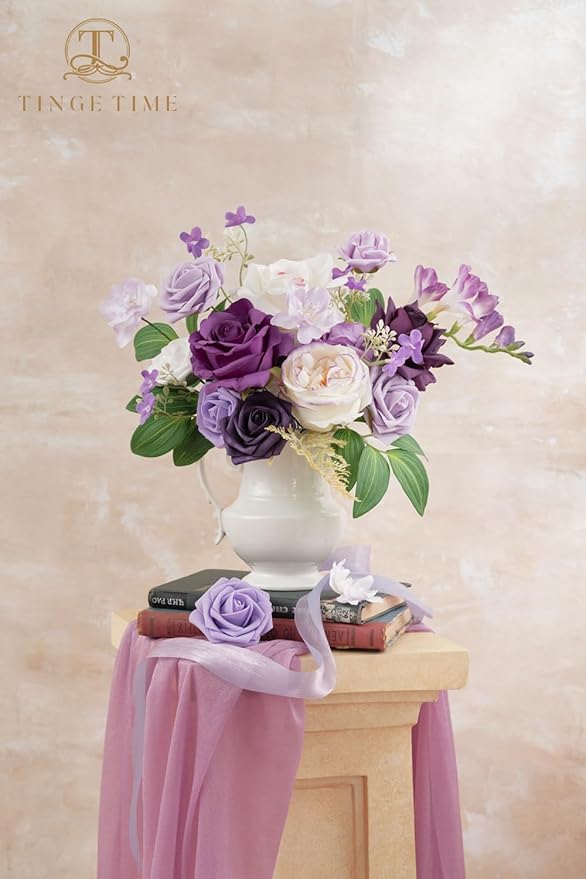 TINGE TIME Artificial Flowers Purple & White Flower Combo for DIY Wedding Bouquets Table Centerpieces Arrangements Party Baby Shower Home Decorations