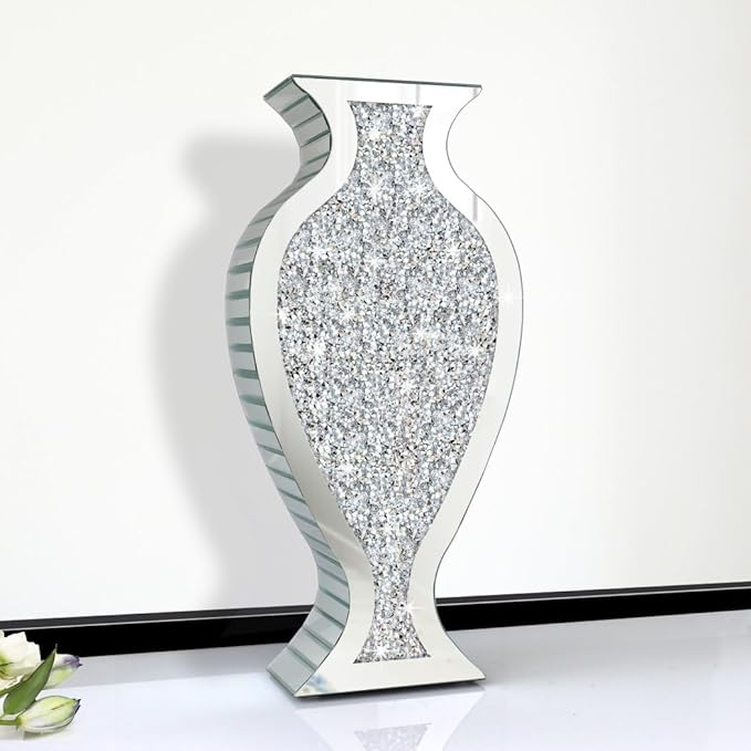 Tall Floor Vase S Crushed Diamond Mirrored Vase 27” Tall, Crystal Silver Glass Decorative Mirror Large Vase Luxury for Home Decor Flower Arrangement Can’t Hold Water.
