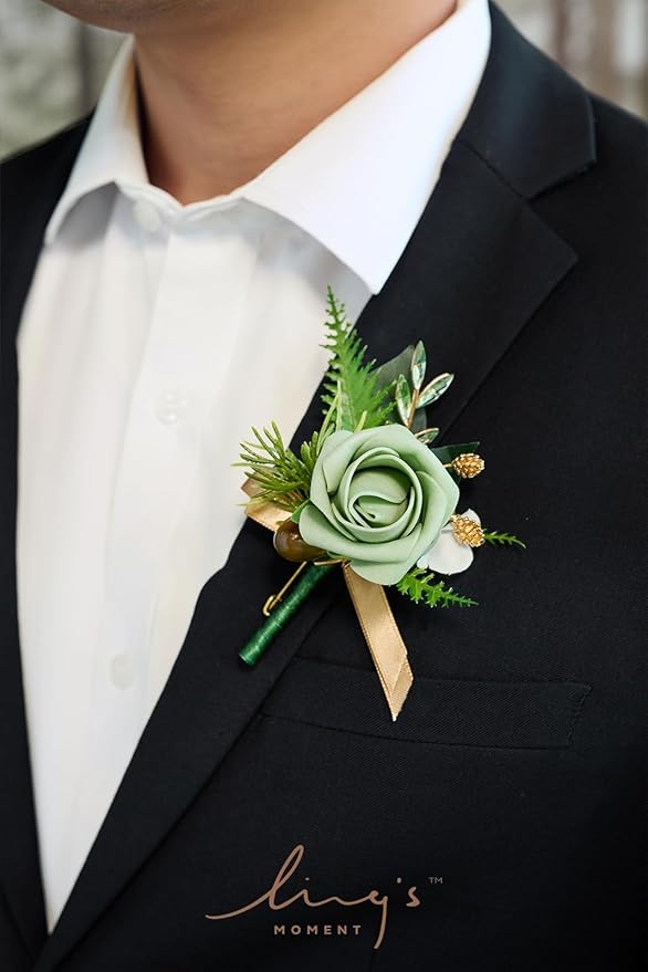 Ling's moment Boutonniere for Men, 6pcs Groom Groomsmen Boutonniere, Artificial Flowers for Wedding Decor/Prom/Homecoming, etc.Green Beige