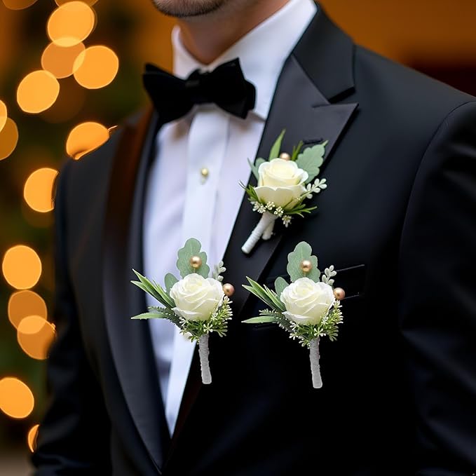 2Pcs Roses Boutonniere for Men Wedding, Groom Groomsman Artificial White Rose Flowers with pins for Wedding Anniversary Celebration,Prom,Party,Home Decoration Artificial Flowers