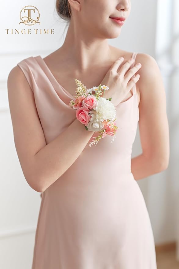 TINGE TIME Set of 2 Peach Pink Wrist Corsage Bracelets Pearl Wristlet Band Bridesmaid Bracelet for Wedding Ceremony Bridal Shower Wedding Artificial Flower Prom (Peach Pink)