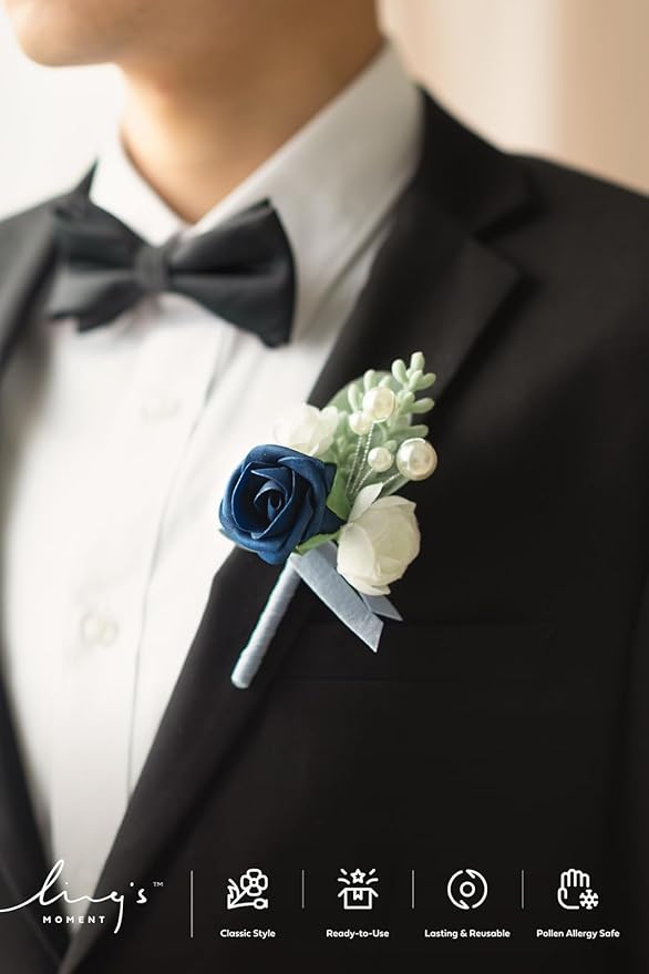Ling's moment Boutonniere for Men, 6pcs Groom Groomsmen Boutonniere, Artificial Flowers for Wedding Decor/Prom/Homecoming, etc.Navy Blue Dark Blue