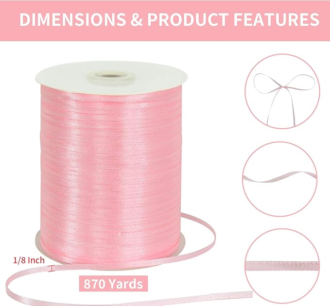 1/8 Inch x 870 Yards Pink Thin Solid Satin Ribbon Giant Spool Double Face Woven Polyester Fabric Ribbons for Crafts Hanging Tags Invitation Card Balloons Bouquet Hair Gift Wrapping Party Decoration