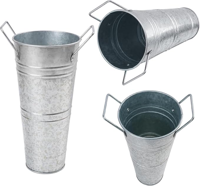 12 PCS 9 Inch Metal Flower Vase for Cut Flowers, Galvanized Metal Floral Buckets, Vintage Style Galvanized Flower Bucket for Home Décor & Wedding Centerpiece (Silver)