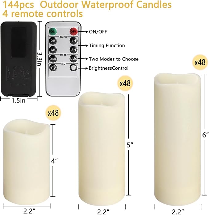 144-Pack LED Flameless Candles with Remote Control - Festival Essentials, Turn On The Light of Warm Colors, Home Decoration, Party, Romantic Date(Three Sizes).