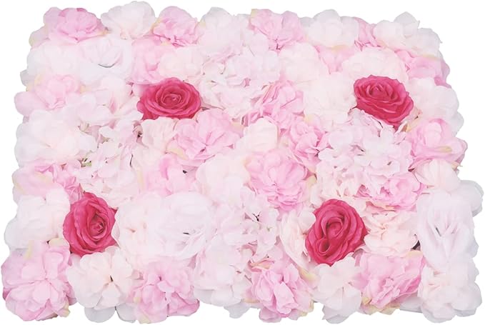 16"x 24" Artificial Flower Wall Panels,Flower Wall Mat Silk Flower Panels for Outdoor Garden Backyard Fence Fence Privacy Screen and Indoor Wall Decor (4Pcs Pink+Rose)