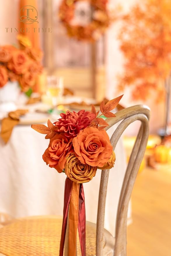 TINGE TIME Artificial Flowers Combo Box Set 16PCS Fake Rose Silk Flower with Stem for DIY Wedding Bouquets Centerpieces Baby Shower Party Home Fall Decoration (Blood Orange & Burnt Orange)