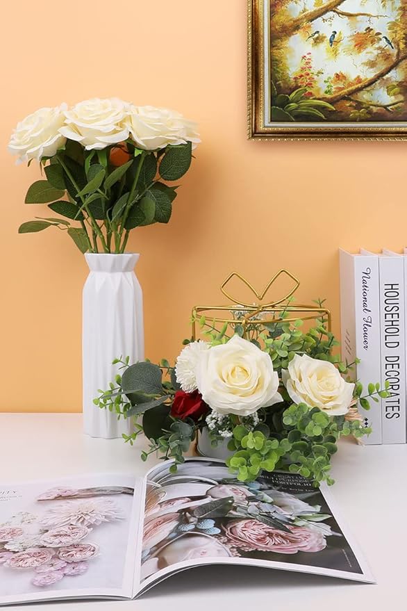 Artificial Rose Flower Ivory Flowers Ivory Roses White Roses Silk Flowers 12 pcs with Long Stem Silk Roses Bouquet for Wedding Bridal Shower Party Home Decoration