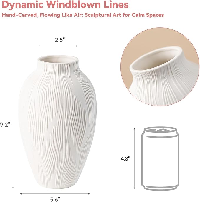 Windblown Texture Vase - White Matte Ceramic with Dynamic Lines, 9.2" Unique Flower Vase for Pampas Grass/Centerpieces, Decorative Farmhouse/Boho Vase for Living Room/Office, Ideal Gift for Minimalist