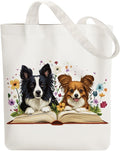 ANATTASOUL Canvas Tote Bag Cute Dog and Flowers Reusable Cotton Bag for Women, Durable Cloth Shoulder Bags with Zipper Pockets for Shopping, Vacation, Work, Gym