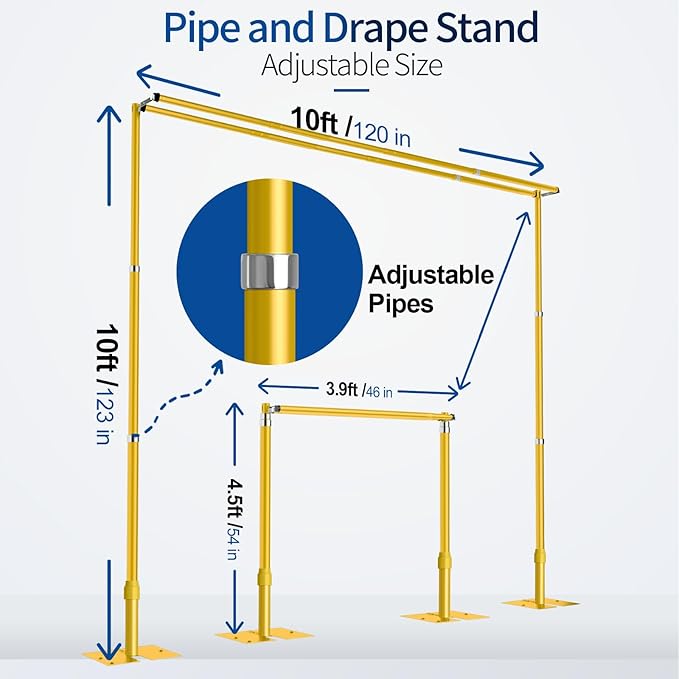 10x10ft Pipe and Drape Backdrop Stand, Double Crossbar, Heavy Duty Adjustable Background Frame with Metal Base for Parties Photography Wedding Photoshoot Decoration - Gold