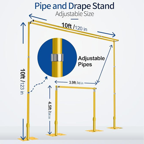 10x10ft Pipe and Drape Backdrop Stand, Double Crossbar, Heavy Duty Adjustable Background Frame with Metal Base for Parties Photography Wedding Photoshoot Decoration - Gold