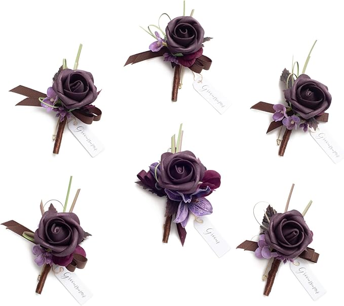 Ling's moment Boutonniere for Men, 6pcs Groom Groomsmen Boutonniere, Artificial Flowers for Wedding Decor/Prom/Homecoming, etc.Deep Purple